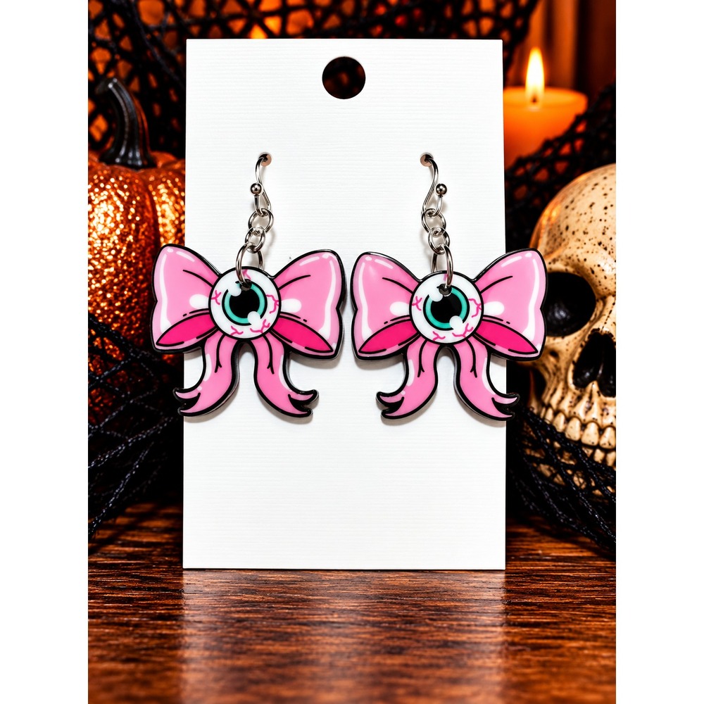 Pink Bow Eyeball Earrings Halloween Creepy Cute Pastel Goth Spooky Dangles